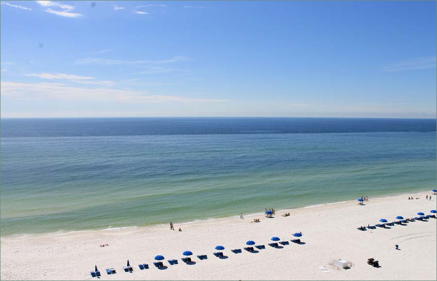 Large gulf front balcony overlooking the sugar white sand beaches of Florida's emerald shore.