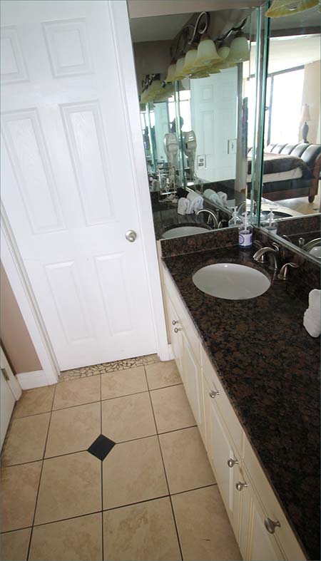 Master bedroom en-suite bathroom with shower and twin vanities.